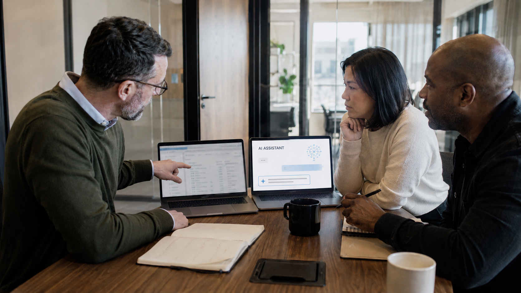 Business team reviewing an AI assistant recommendation alongside CRM data