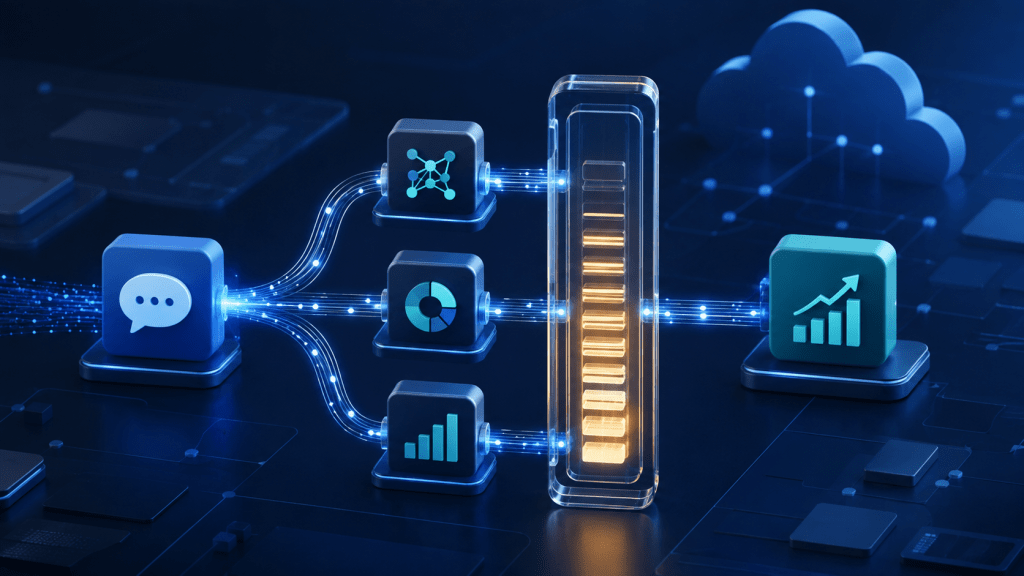 A Salesforce AI workflow passes several connected actions through a visible usage meter, illustrating how Agentforce consumes Flex Credits.