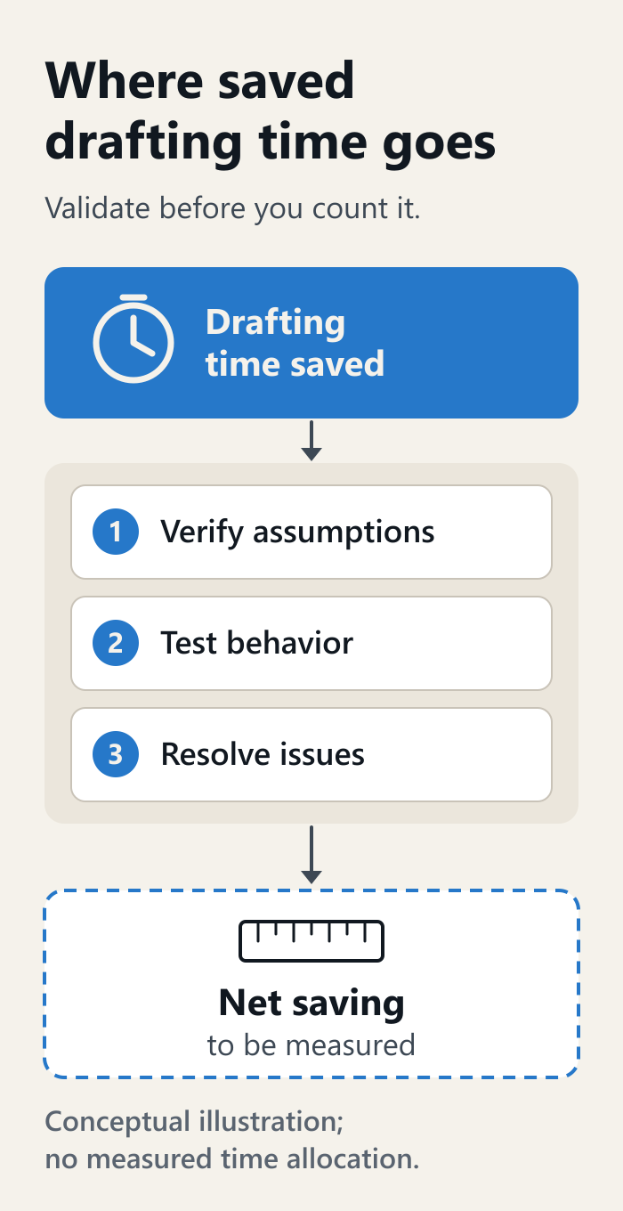 Conceptual diagram: time saved drafting a Salesforce change flows into three steps, verifying assumptions, testing behavior and resolving issues, before any net saving can be measured. No measured time allocation is shown.