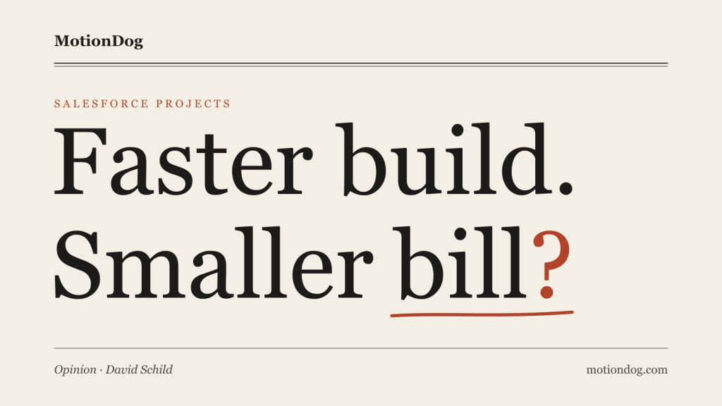Editorial cover reading "Faster build. Smaller bill?" in a dark serif headline on warm paper, with a red proofreader underline beneath "bill?".
