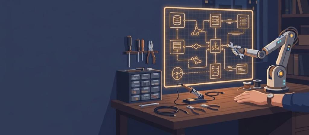 Illustration of a workbench at night where a robot arm uses a wrench to adjust one connection in a glowing schematic of linked database objects, with a human hand resting on the bench nearby